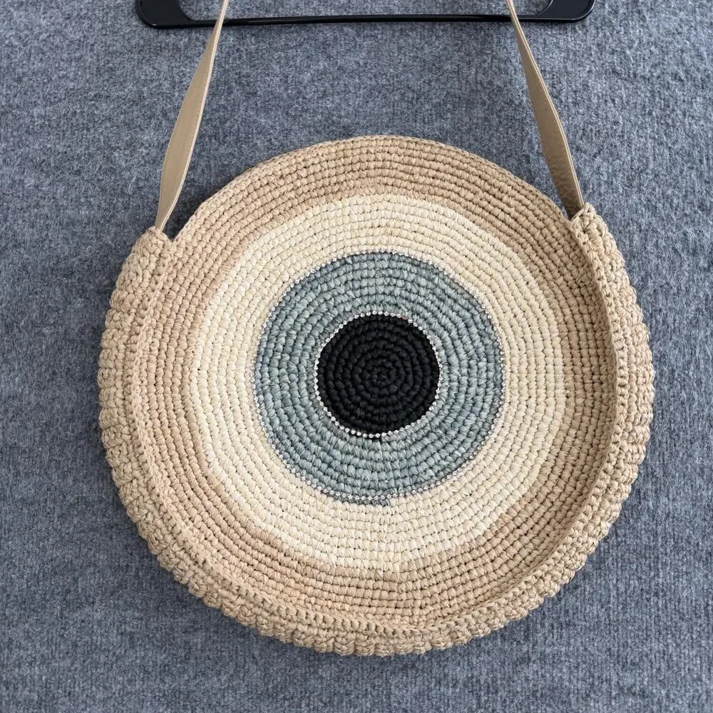 Skemo Round Straw Shoulder Bag Large Beige Evil Eye Rhinestone Boho Beach